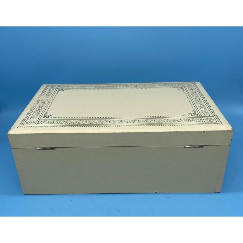 Vintage MCM 3 Tier Jewelry Box Cream Leatherette Red Velvet Cantilever Pop Up